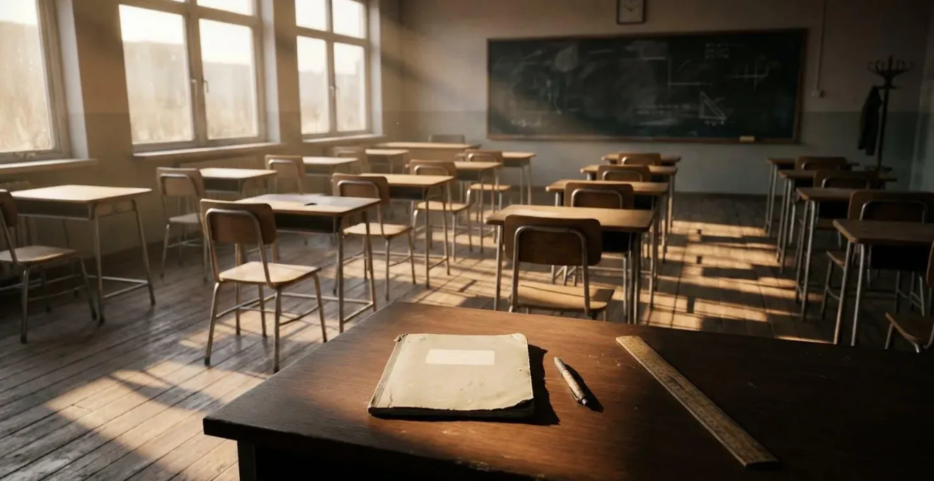 Une salle de classe vide au crépuscule symbolisant l'abandon des jeunes enseignants