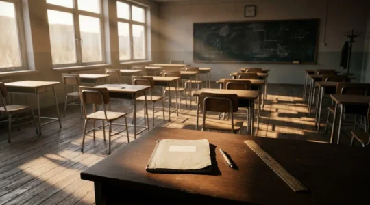 Une salle de classe vide au crépuscule symbolisant l'abandon des jeunes enseignants