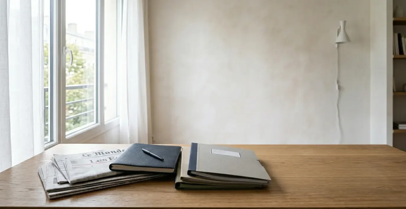 Bureau moderne avec journaux, documents administratifs et outils de veille pour la préparation aux concours publics