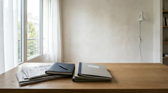 Bureau moderne avec journaux, documents administratifs et outils de veille pour la préparation aux concours publics