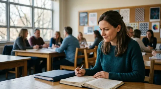 Personne en situation de formation avec support pedagogique dans un environnement calme et structure