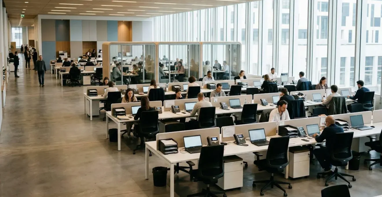 Agent public dans un environnement de travail contemporain avec espace ouvert et équipements numériques