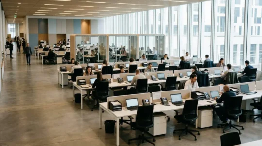 Agent public dans un environnement de travail contemporain avec espace ouvert et équipements numériques