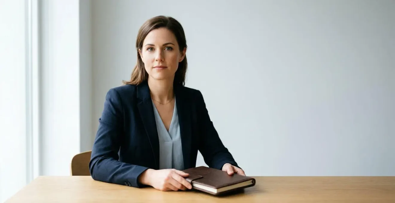 Candidat en tenue professionnelle se préparant pour un oral de concours de la magistrature dans un environnement épuré et lumineux