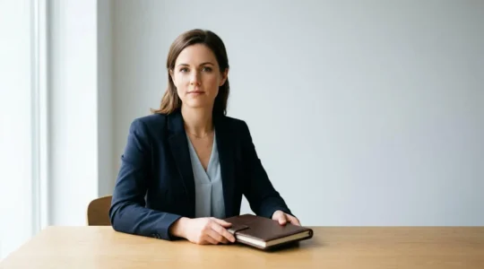 Candidat en tenue professionnelle se préparant pour un oral de concours de la magistrature dans un environnement épuré et lumineux