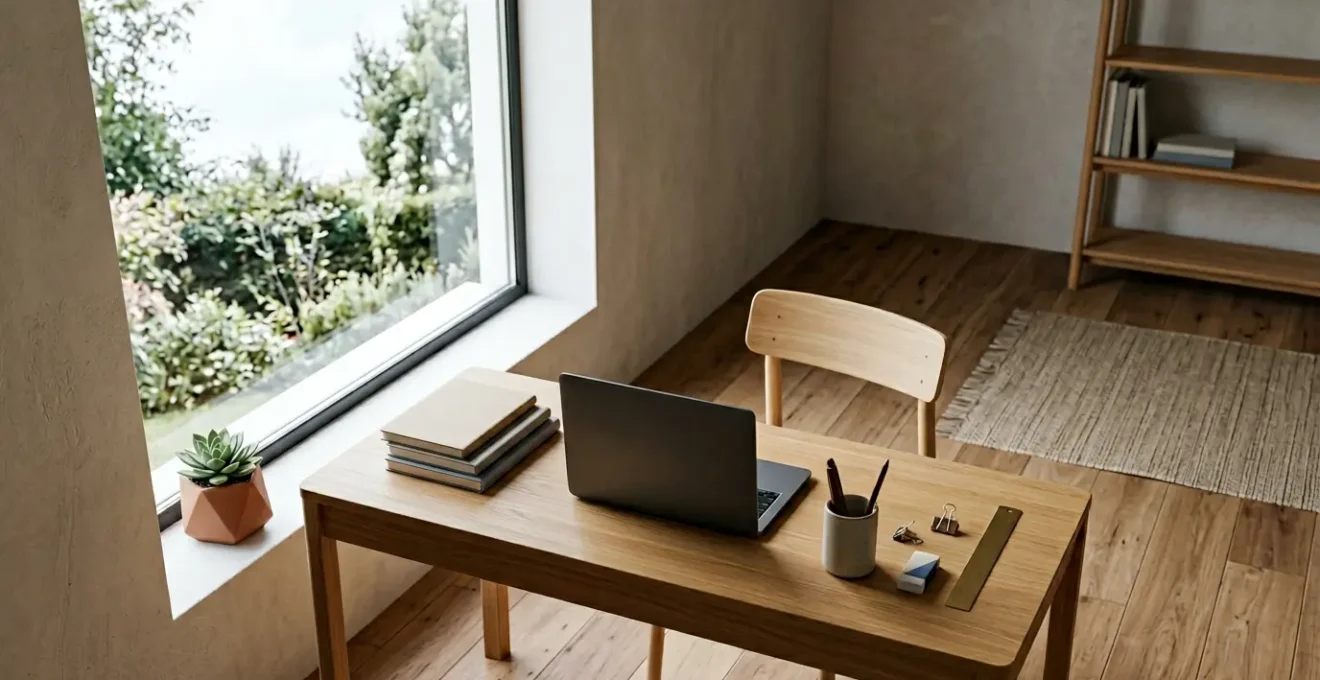 Espace de travail minimaliste pour preparation autonome aux examens, livres ouverts et organisation methodique