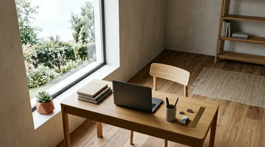 Espace de travail minimaliste pour preparation autonome aux examens, livres ouverts et organisation methodique