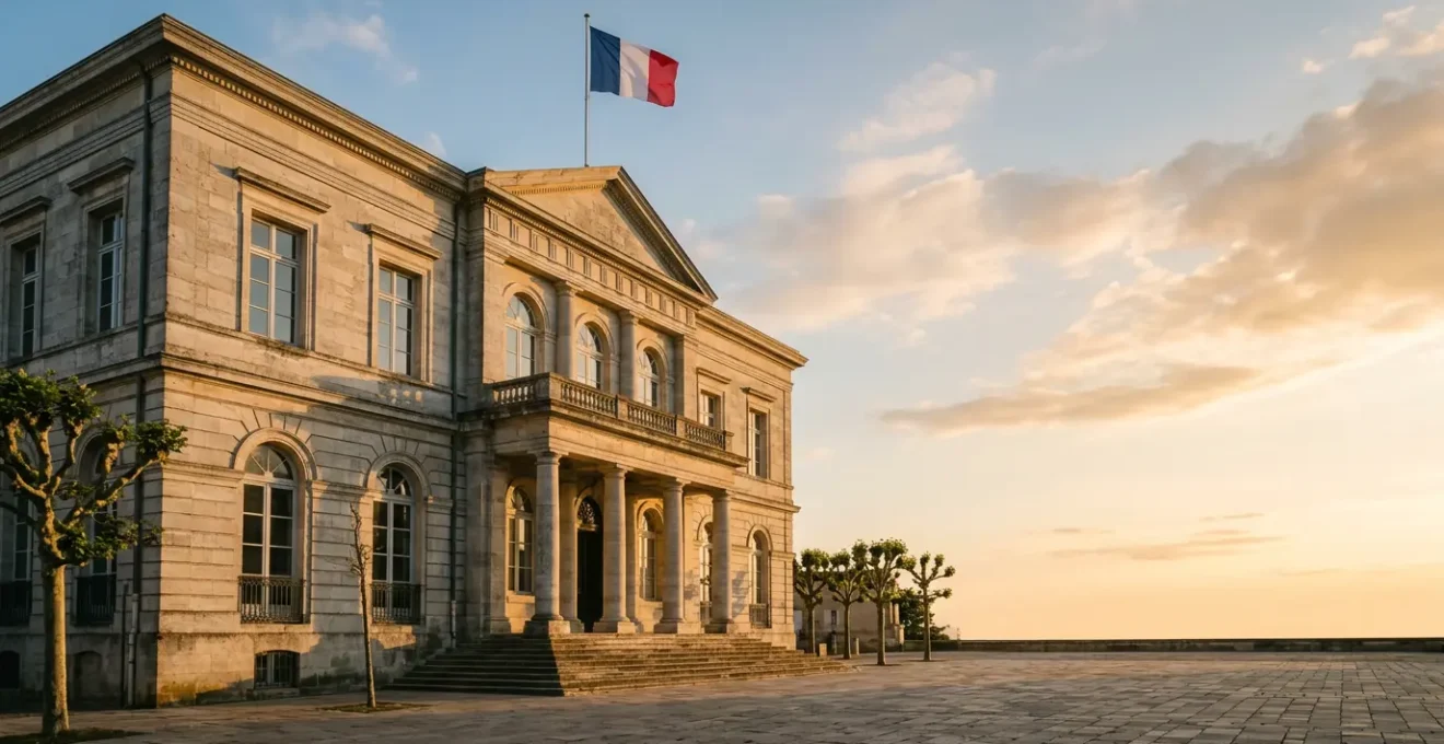 Vue d'un bâtiment administratif français contemporain illustrant la pérennité du service public