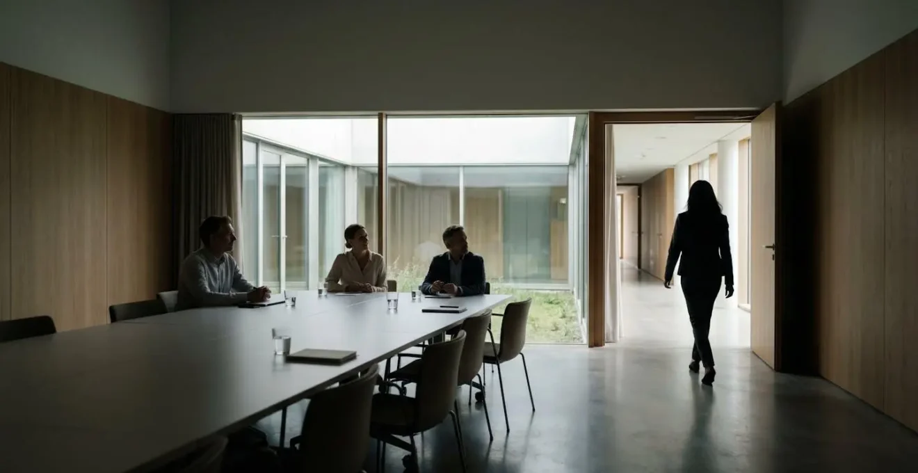 Vue d'ensemble minimaliste d'une salle d'entretien au moment de la sortie du candidat