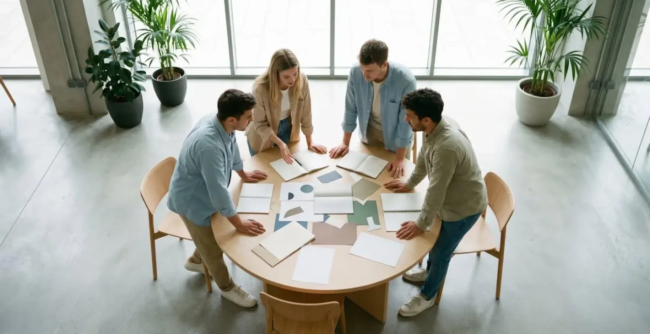 Groupe d'étudiants collaborant sur un projet commun autour d'une table de travail