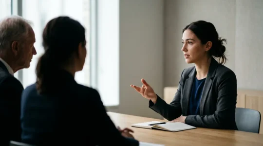 Candidat face à un jury professionnel lors d'un oral de concours dans une salle lumineuse