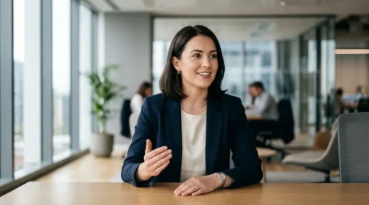 Jeune professionnel confiant face à un entretien de jury de concours administratif