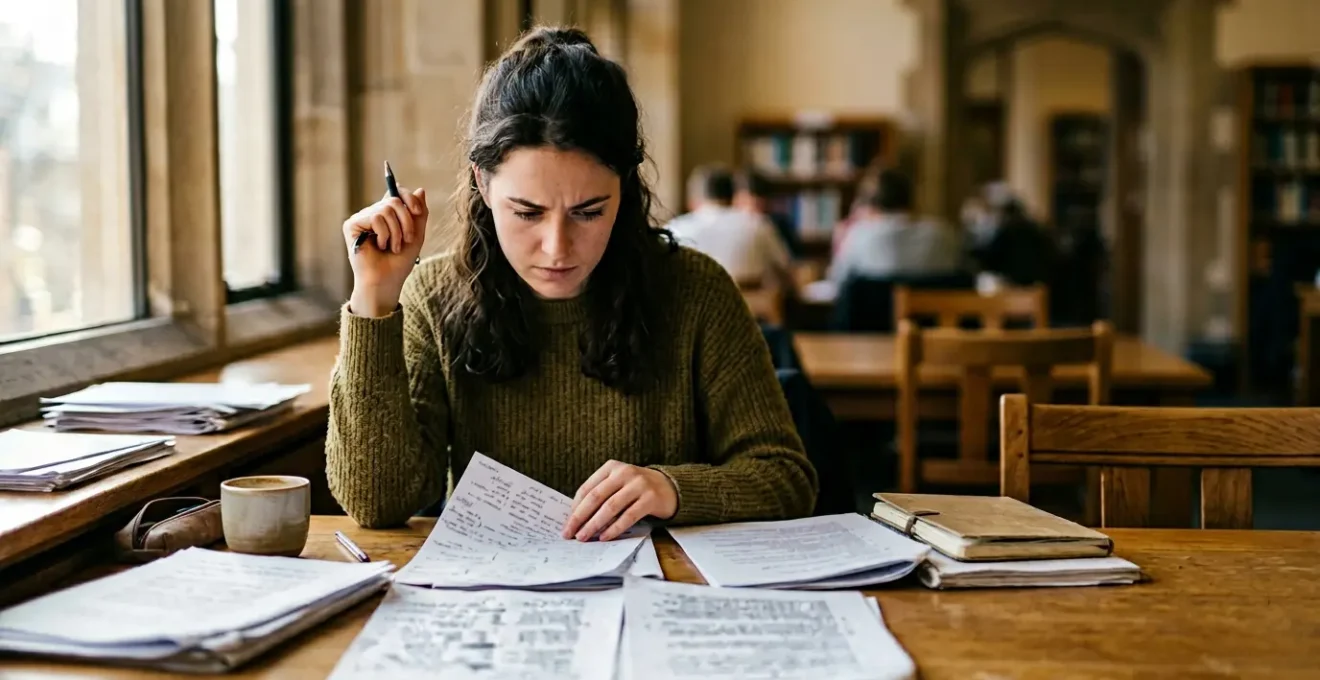 Étudiant en préparation d'examen analysant méthodiquement des documents d'annales dans un environnement d'étude concentré