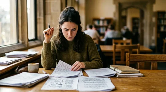 Étudiant en préparation d'examen analysant méthodiquement des documents d'annales dans un environnement d'étude concentré