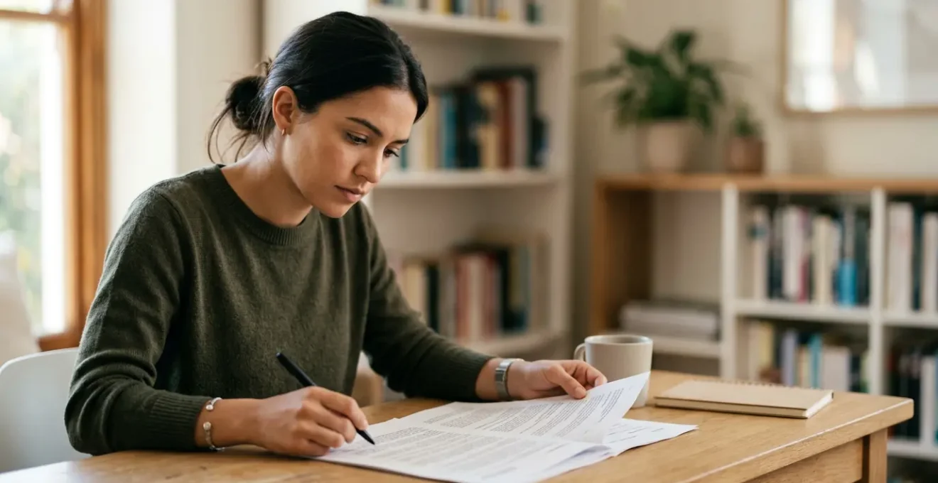 Candidat etudiant attentivement une notice d'examen professionnel avec documents administratifs