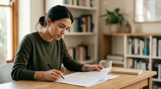 Candidat etudiant attentivement une notice d'examen professionnel avec documents administratifs