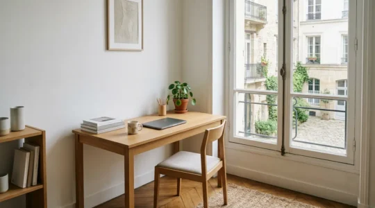Espace de travail étudiant calme et lumineux propice aux révisions