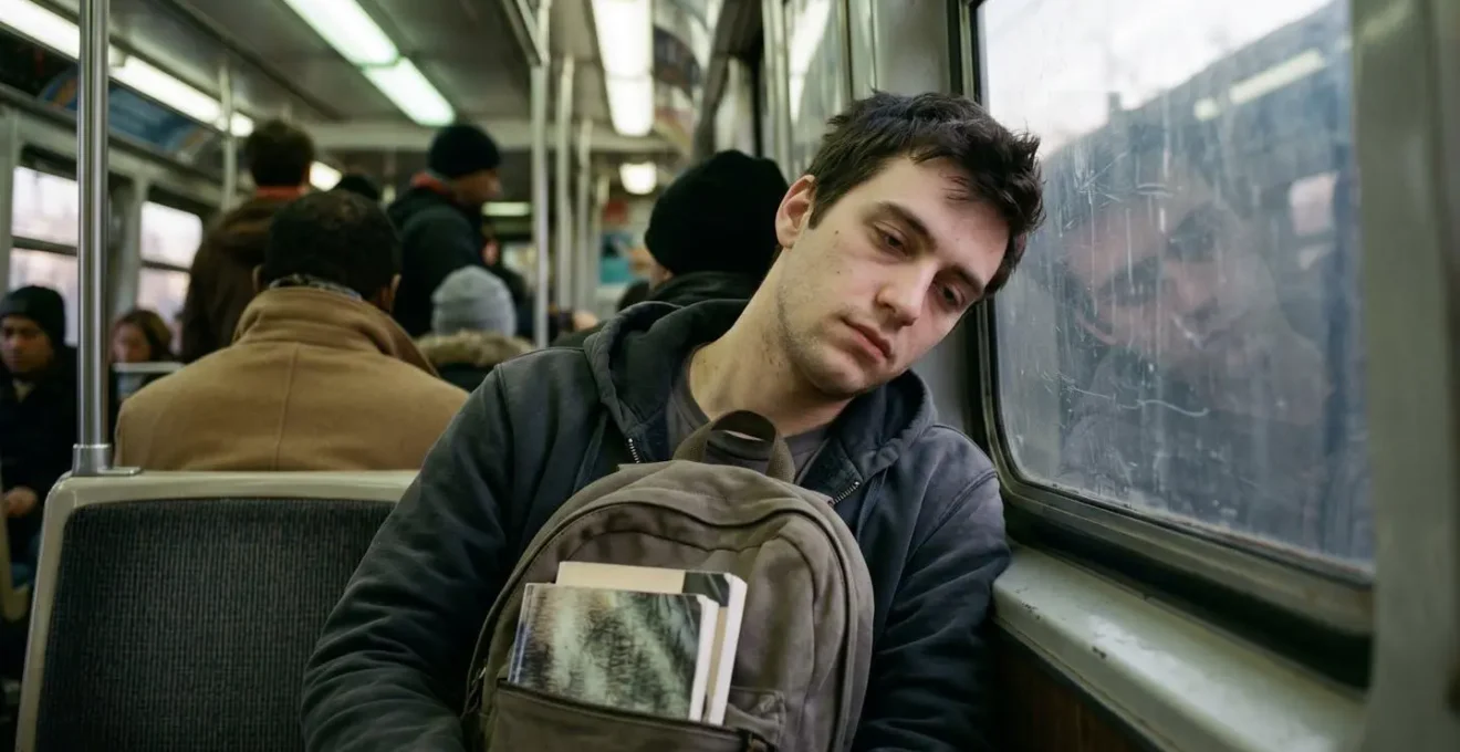 Étudiant épuisé dans les transports en commun pendant un long trajet quotidien