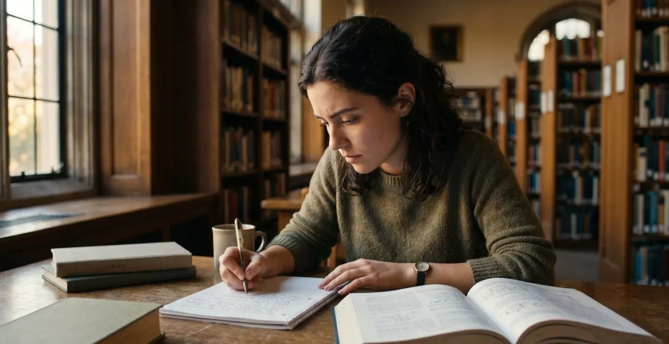 Étudiant travaillant de manière autonome sur des annales de concours dans une bibliothèque universitaire