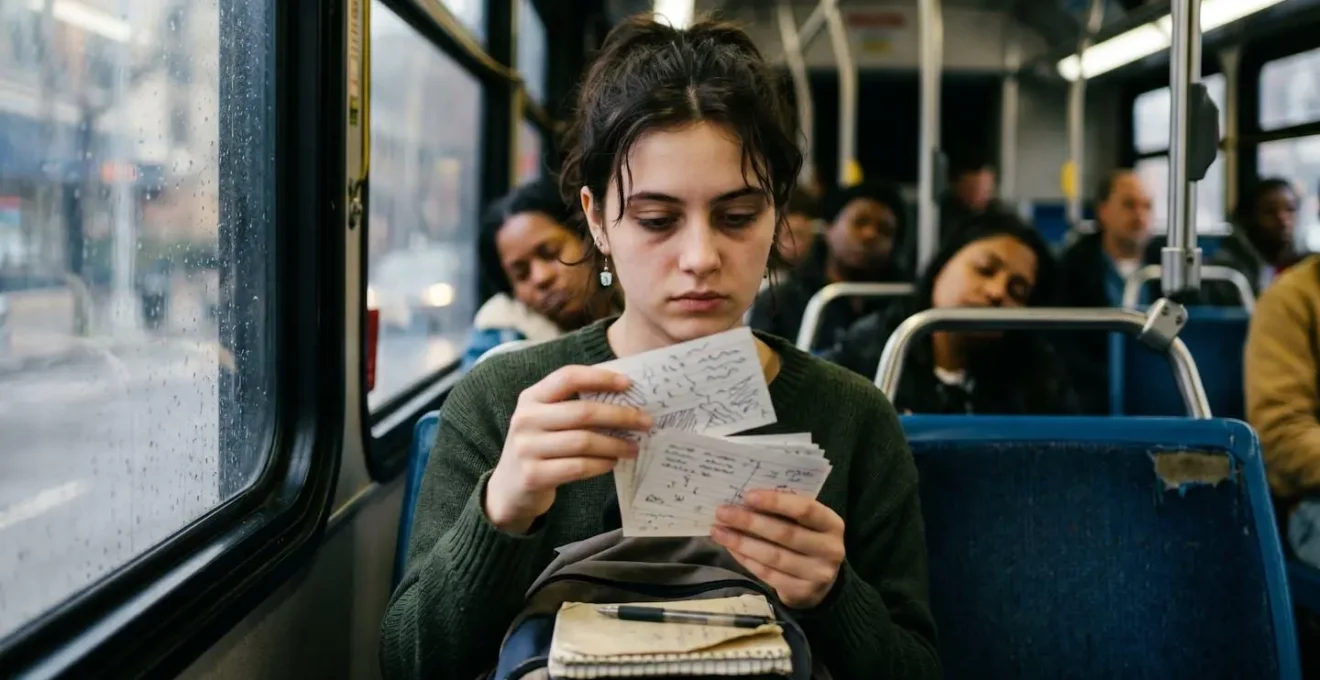 Étudiant dans les transports en commun avec matériel de révision