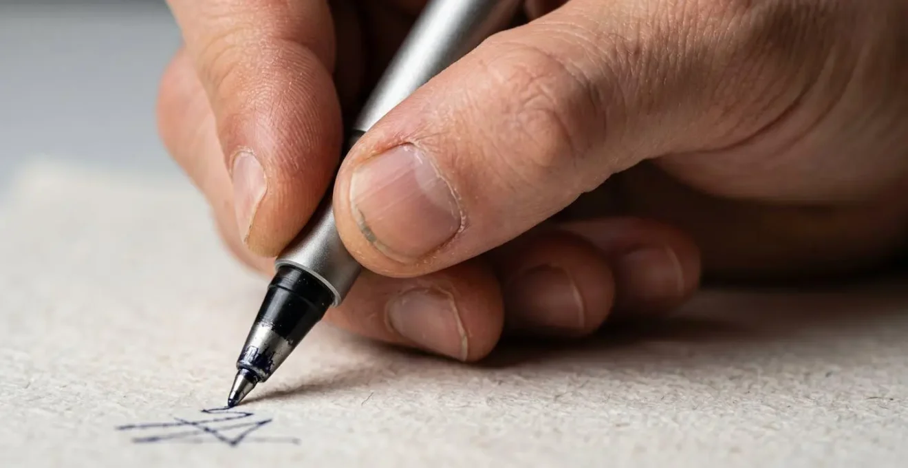 Détail macro d'une main en action d'écriture lors d'une épreuve chronométrée, capturant l'intensité du moment