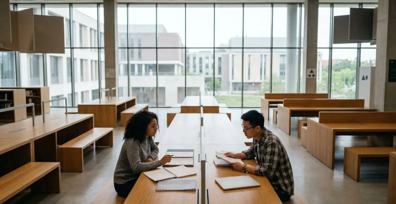 Étudiants comparant différentes voies de formation pour la fonction publique dans un environnement universitaire moderne