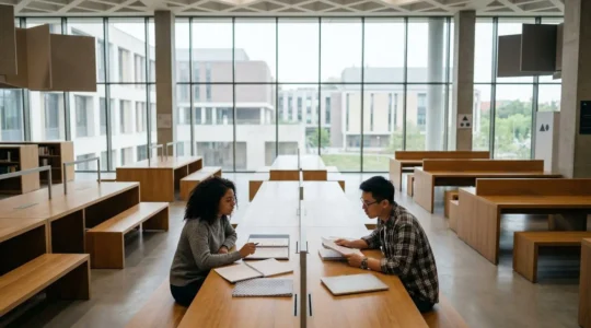Étudiants comparant différentes voies de formation pour la fonction publique dans un environnement universitaire moderne