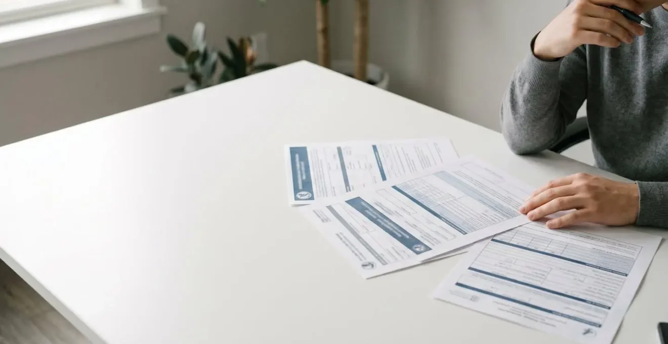 Vue en plongée d'une personne analysant des documents administratifs sur un bureau épuré