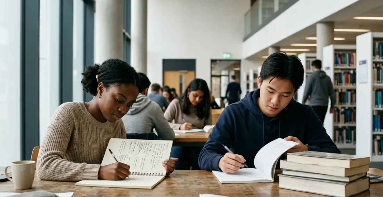 Étudiants concentrés dans une bibliothèque universitaire préparant méthodiquement leurs dissertations de concours