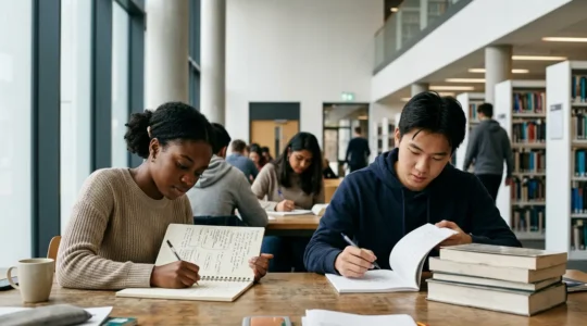 Étudiants concentrés dans une bibliothèque universitaire préparant méthodiquement leurs dissertations de concours