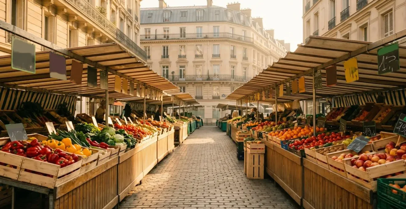 Étals colorés d'un marché parisien avec fruits et légumes frais à prix abordables