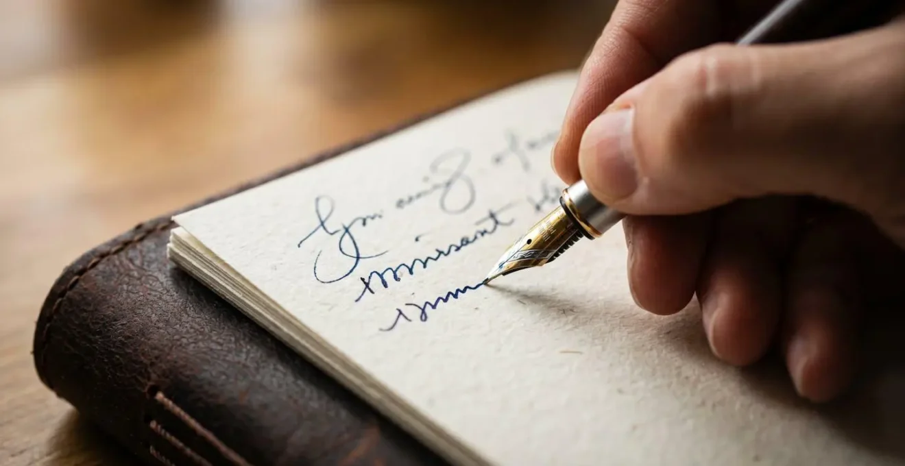 Gros plan sur des mains prenant des notes manuscrites dans un carnet avec une lumière douce et naturelle