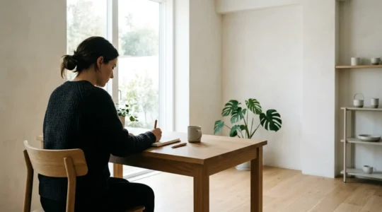 Personne concentrée dans un environnement d'étude calme avec lumière naturelle symbolisant l'équilibre d'une préparation intensive