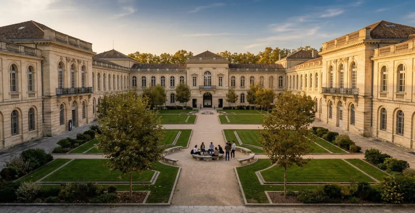 Vue architecturale d'un campus universitaire prestigieux avec étudiants en discussion