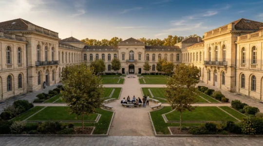 Vue architecturale d'un campus universitaire prestigieux avec étudiants en discussion
