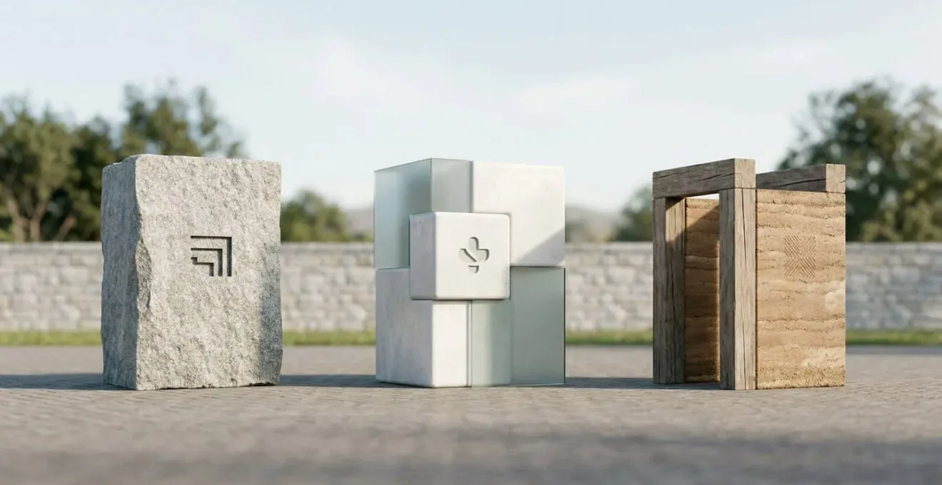 Triptyque symbolique représentant les trois fonctions publiques françaises dans un cadre naturel et épuré