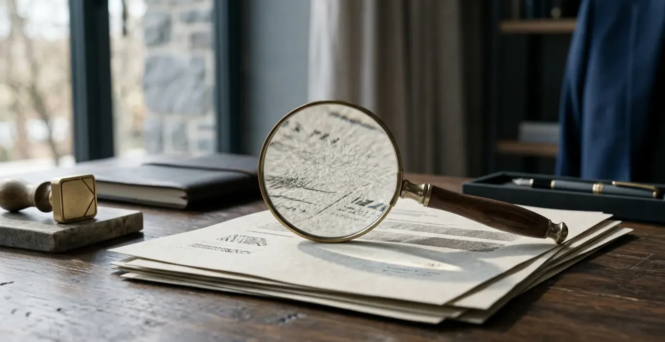 Personne consultant attentivement des documents officiels avec une loupe symbolisant la vérification méticuleuse des conditions d'accès aux concours