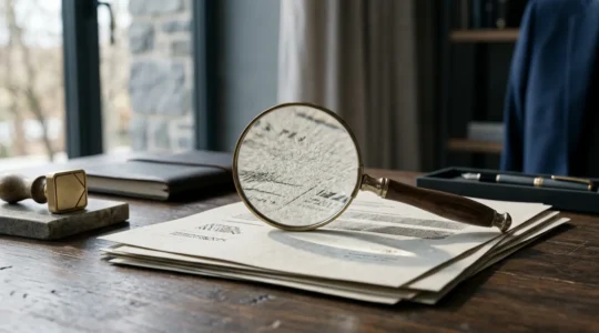 Personne consultant attentivement des documents officiels avec une loupe symbolisant la vérification méticuleuse des conditions d'accès aux concours